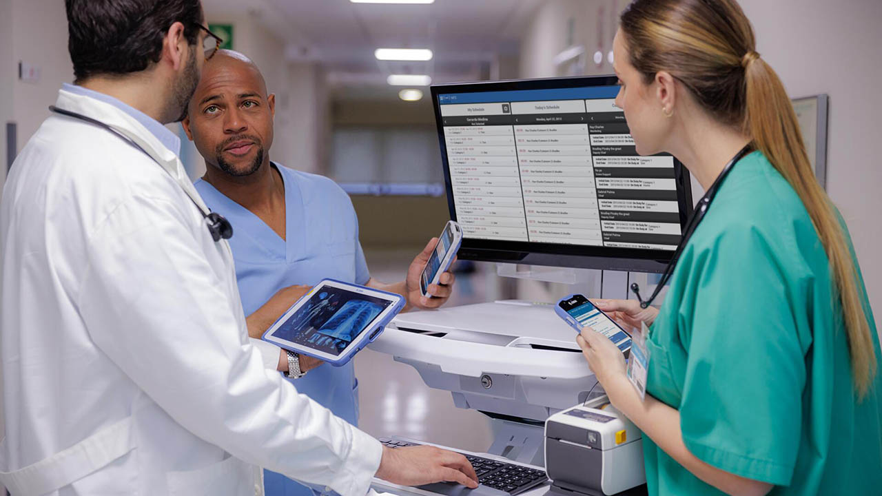 Healthcare simulation lab with students practicing on AI-powered training tools
