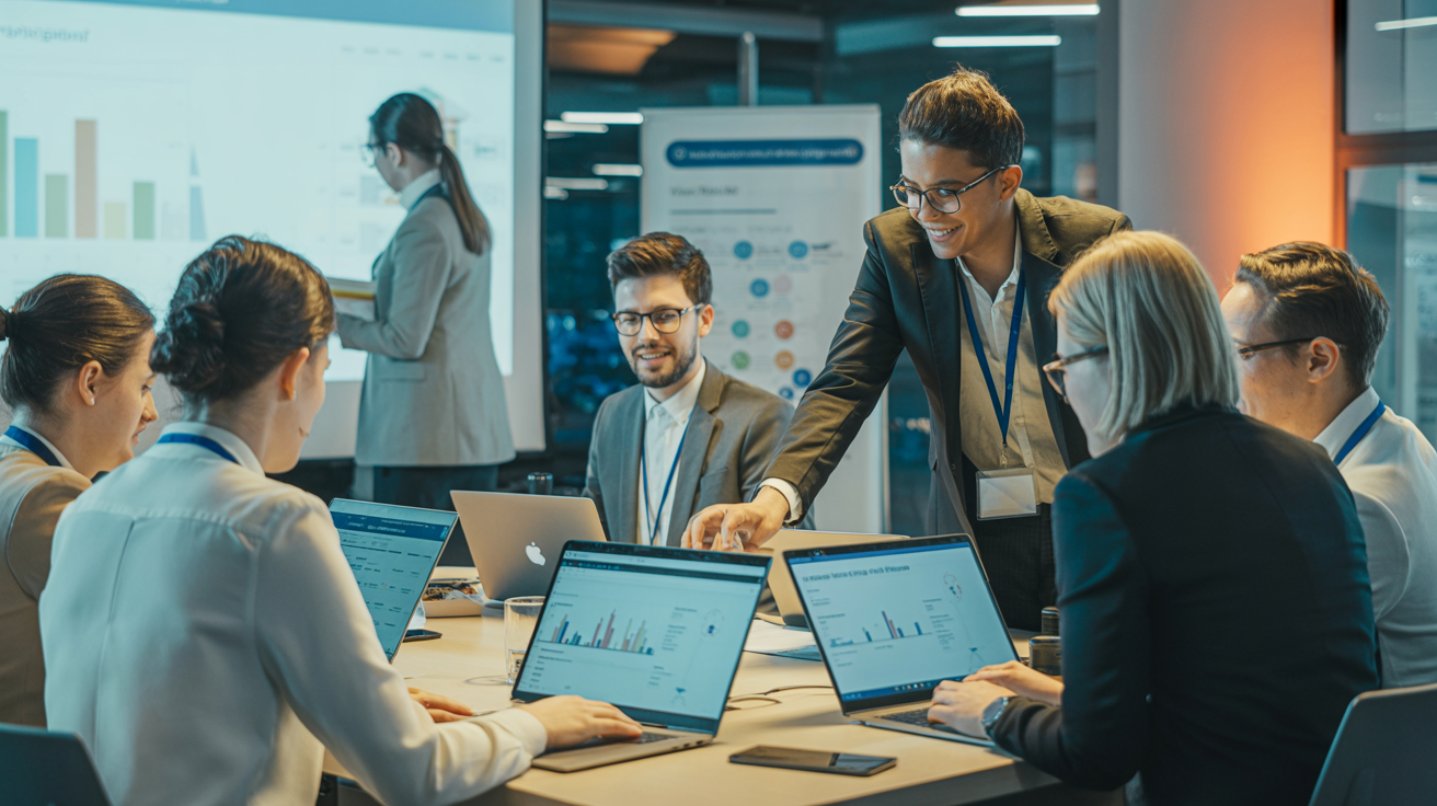 Diverse professionals in a modern workforce training workshop